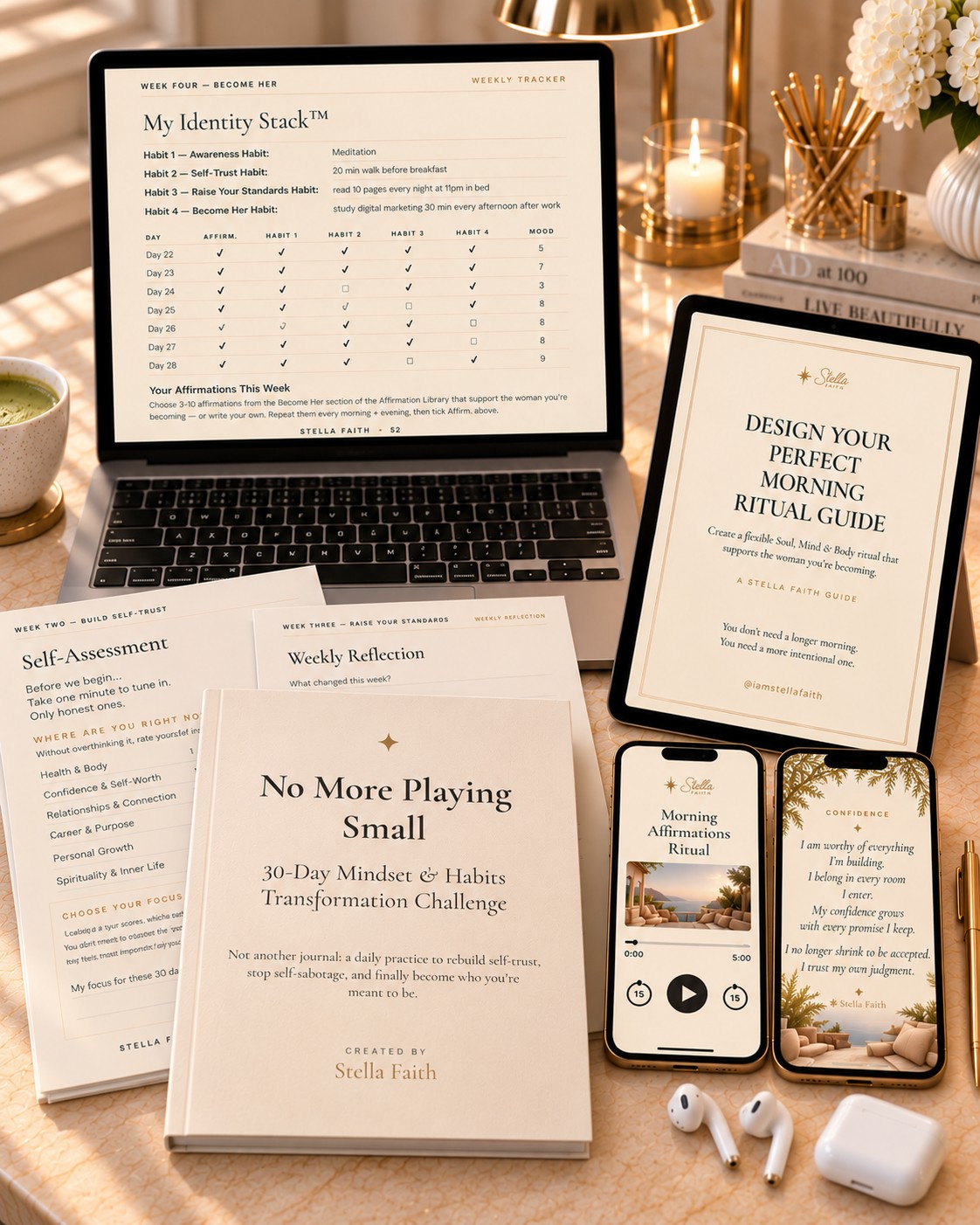 The full No More Playing Small bundle — workbook, weekly tracker, self-assessment and weekly reflection pages, morning ritual guide, affirmations wallpaper and audio shown across laptop, tablet and phones
