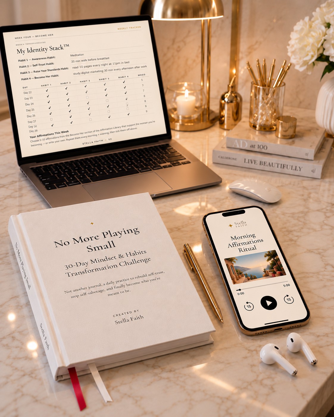 No More Playing Small workbook with laptop showing the weekly tracker and phone playing the morning affirmations ritual